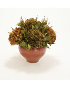 Burgundy Brown & Green Brown Hydrangeas in Copper Ceramic Bowl