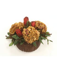 Burgundy Brown Hydrangeas and Foliage Mix in Wicker Wall Basket