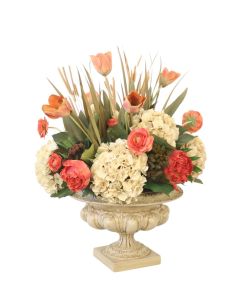 Ranunculus and Hydrangeas in Decorative Relief Urn