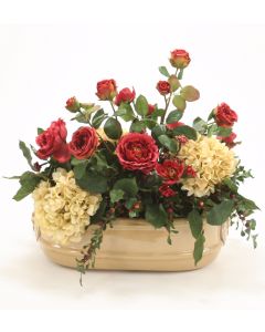 Roses, Hydrangeas and Berries in Tan Oval Lion Head Planter