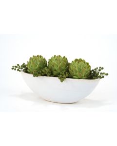 Green Berries and Artichokes in Oval White Planter