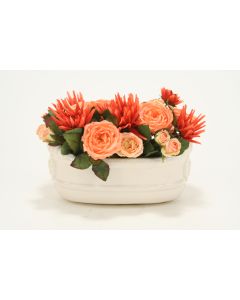 Red Orange Dahlias and Peach Roses in White Ceramic