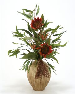 Velvet Sunflowers with Berries and Eucalyptus in Porcelain