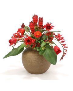 Tropical Fall Mix of Flowers in Fat Tuscan Brown Vase