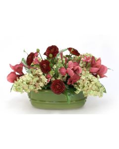 Burgundy Iris and Ranunculus with Hydrangea in Green Planter