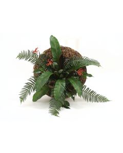 Burgundy Bromeliad with Mixed Greenery in Dark Brown Round Crazy Weave Wall Basket
