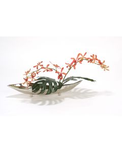 Orange Vanda Orchid with Split Philo Leaves in Silver Metal Tray