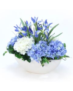 Blue Mix of Hydrangeas and Irises in Oval White Glazed Bowl