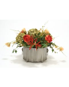Mixed Rust, Gold and Green Peonies, Hydrangea and Tulips in A Bronze Oval Metal Planter