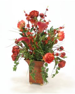 Rust Red Peonies, Calla Lillies, Ivy and Grass in A Large Square Tole Planter