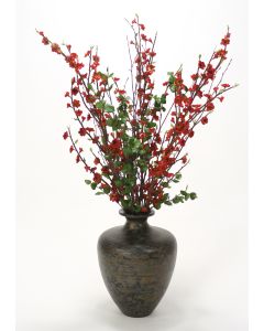 Burgundy Red Peach Blossoms in Black Vase