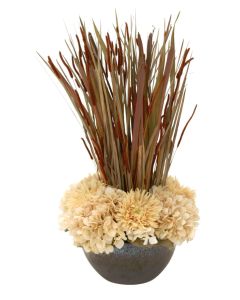 Beige Hydrangeas and Gerbera with Brown Bunny Tails and Grasses in Bronze Bowl