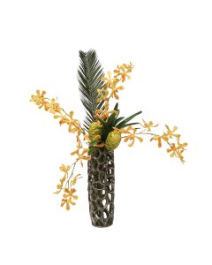 Yellow Orange Vanda Orchid and Cycas Palm with Honeycomb in Open Weave Vase