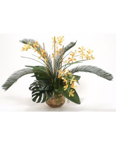 Yellow Orange Vanda Orchid with Tropical Foliage in Burnt Gold Gabbi Pot