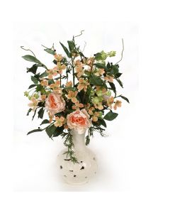 Soft Pink Dogwood with Hops in Pierced White Cloud Vase