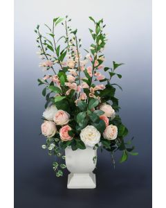 Pink Peony and Foxglove in White Glazed Planter