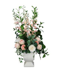 Pink Peony and Foxglove in White Glazed Planter