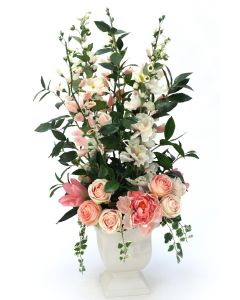 Pink Peony and Foxglove in Beige Square Glazed Planter