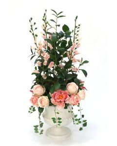 Cream Pink Roses, Foxglove and Peonies in Small Classic Urn