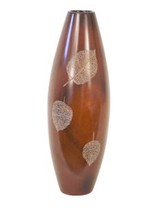 Mahogany Aspen Wood Vase with Hand Carved Leaves