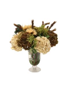 Mixed Hydrangeas Beige Gerber Daisies and Green Astible and Brown Plumes in Glass Urn