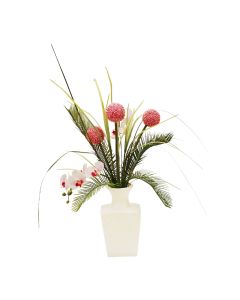 Tropical Fuchsia Allium and Phalaenopsis Orchid with Cycas Palm in White Vase