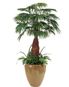 8' Fan Palm with Ground Cover in Metallic Mocha Stoneware Planter