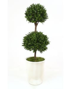 63" Boxwood Double Ball Topiary in White Concrete Urn