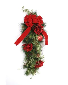 Swag Pine Cones, Ornaments with Amarylis Flowers and Red Ribbon