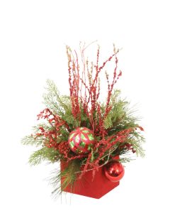 Cedar and Pine in a Red Square Box Mixed with Red Accents