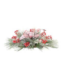 Table Decoration with Red Berries and Frosted Ribbon