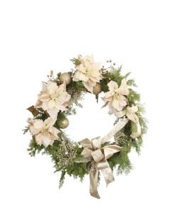 Cedar Wreath with White-Gold Poinsettias and Champagne Ornaments Chamagne Ribbon