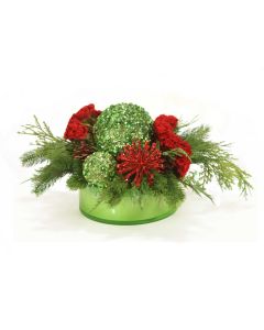 Red and Green Christmas Floral in Green Glass Bowl