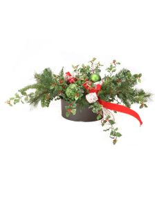 Green Pine and Holly Arrangement with Red Ribbon