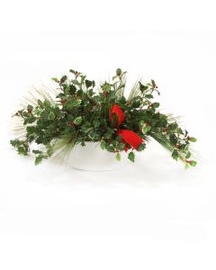 Pine Mix with Holly Berries in White Oval Planter