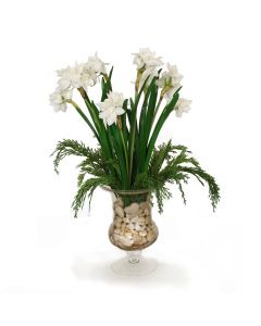 White Narcissus with Cedar in Glass Urn