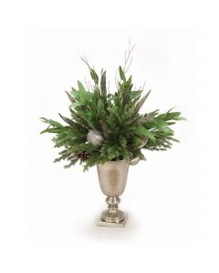Snow Glistened Pine with Eucalyptus in Silver Urn with Deer Handles