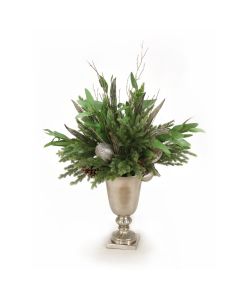 Snow Glistened Pine with Eucalyptus in Silver Urn with Deer Handles