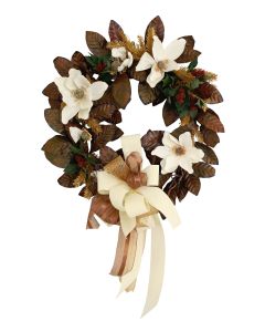 Magnolia Wreath with Gold Glittered Greens and Ivory Velvet Ribbon
