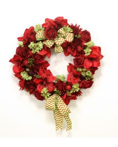 25" Red Rose & Amaryllis Wreath with Green Hydrangea and Berries with a Glittered Chevron Ribbon