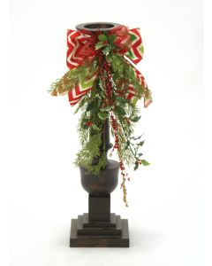 Wood Candlesticks Embellished with Cedar, Holly and Ribbon (Sold in Multiples of 2)