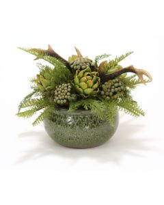 Fall Woodland Greens, Deer Horns and Artichokes in A Green Glazed Belly Planter