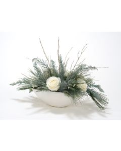 French Blue Glittered Leaf Spray with White Roses and Pine in A White Earthenware Planter