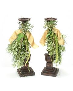 Pair of Aged Black Wooden Candlesticks with Holiday Trim Accents. 