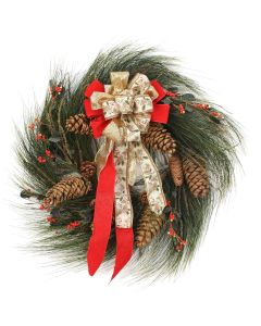 Long Pine Wreath with Berries and Ribbon