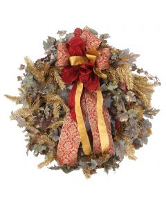 Frosted Grape Leaf Wreath With Gold Glitter Garland and Ribbon
