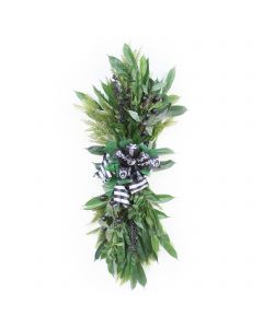 Pine Swag with Black Berries and Green Accents with Black and White Ribbon