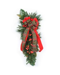 Pine Swag with Magnolia Foliage and Cherries and Christmas Plaid Ribbon