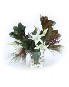 White Casablanca Lilies with Magnolia Foliage and Pine