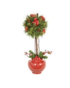 Holiday Pine Topiary with Accents of Red Hydrangea's, Red Berries & Small Gold Pine Cones in Round Planter